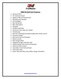 Trailmaster TBM X4, 48V Electric Golf Cart, Four Passenger, Electromagnetic Braking, Custom Rims, Lifted, Ground Effects LED lights, 10.5 LED Display, 48 Mile range, High/Low Trans