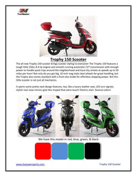 Trailmaster Trophy 150cc, Electric start, Disk Brakes, CDI ignition, Color Matched Locking Trunk (Optional)