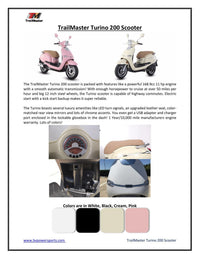 Trailmaster Turino 200. 170cc. Automatic CVT trans, Electric Start, Great European Styling, LCG Speedometer and Gauges, 12 Inch Rims, 31.9 inch seat height