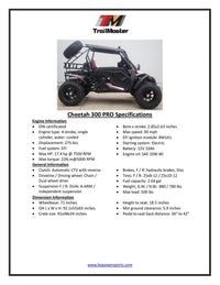 Trailmaster Cheetah 300PRO EFI, Water Cooled, Side Doors, Hard Top, 25" Tires, CVT Trans, 18 HP, Windshield, Light Bar