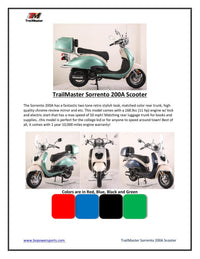 Trailmaster Sorrento 200A, Larger Engine 168.9 cc, 98% Assembled, Locking Trunk, Windshield, USB Charger, Electric Start, CDI Ignition, Air Cooled