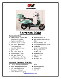 Trailmaster Sorrento 200A, Larger Engine 168.9 cc, 98% Assembled, Locking Trunk, Windshield, USB Charger, Electric Start, CDI Ignition, Air Cooled