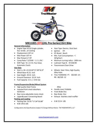 Trailmaster JHL MK110-ES, Bosch Fuel Injection, 14 Inch front tire, 29.55" seat height, Semi Auto 4 speed, Electric Start, Inverted Front Forks, Nitrogen Mono Shock Rear,