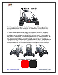 TrailMaster Apache 7, 212cc Youth Go-Kart, 4-Stroke, Air Cooled, CVT Automatic, Torque Converter, Pull Start, Hydraulic Disc Brake, Double A-Arm Suspension, 5-Point Safety Harness, Full Roll Cage, Individual Sport Seats
