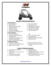 TrailMaster Apache 7, 212cc Youth Go-Kart, 4-Stroke, Air Cooled, CVT Automatic, Torque Converter, Pull Start, Hydraulic Disc Brake, Double A-Arm Suspension, 5-Point Safety Harness, Full Roll Cage, Individual Sport Seats