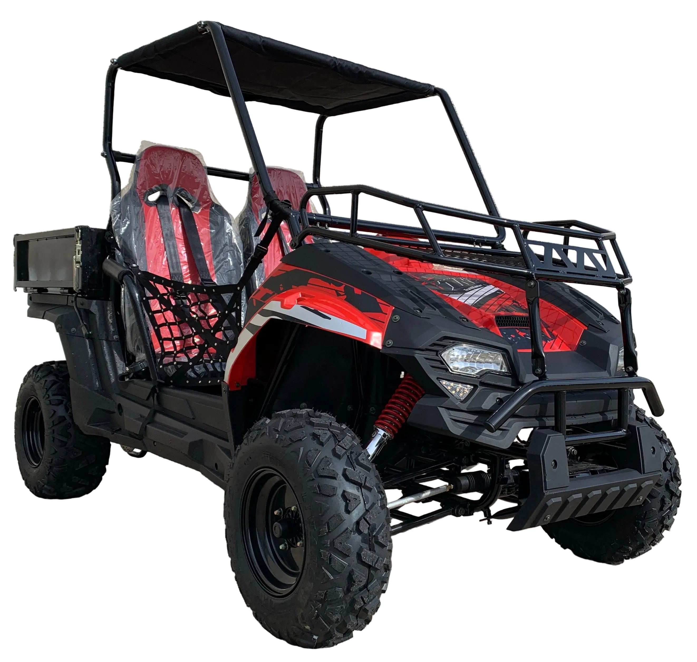 TrailMaster Challenger 200U UTV in black and red with two seats, front cargo rack, and rear dump bed