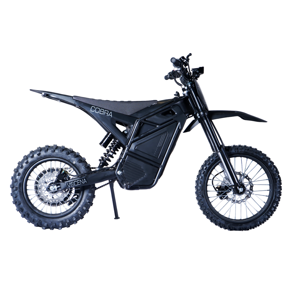 Viscena Cobra, 72V Electric Dirt Bike, 8000W Peak Power, 35Ah Lithium-Ion Battery, 3 Speed Modes, Hydraulic Disc Brakes, Front and Rear Hydraulic Suspension, Headlight, Taillight, 420 Chain, 17" Front 14" Rear Wheels, 32" Seat Height