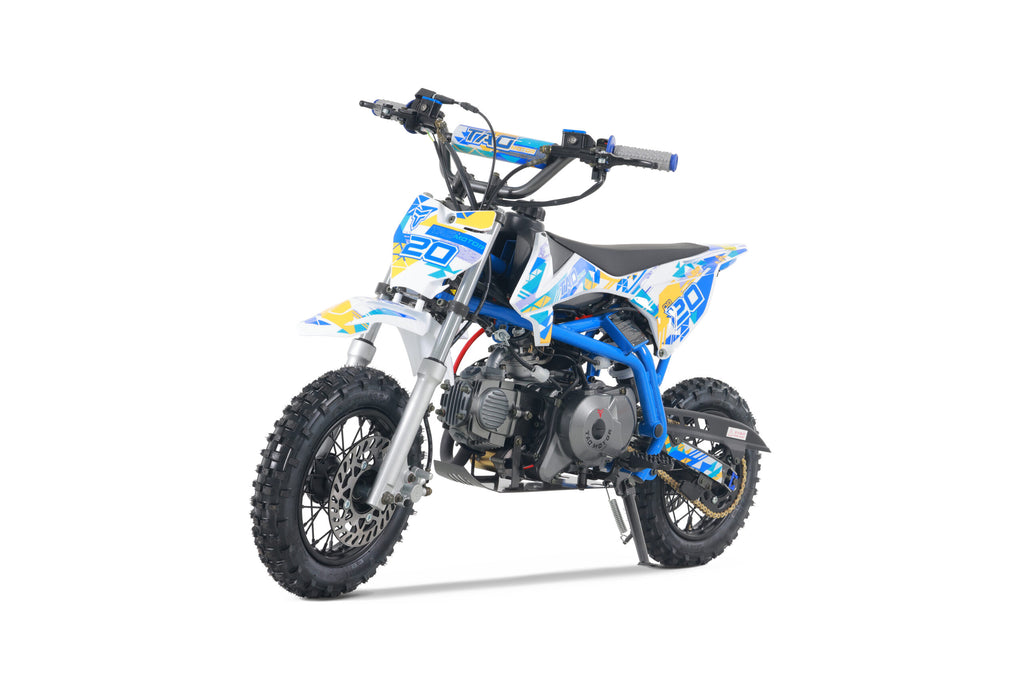 Tao MT-DB20 110cc Youth Dirt Bike, Automatic, Electric Start, Gold Drive Chain, Folding Adjustable Levers, Color Matched Grips, Off Road Only