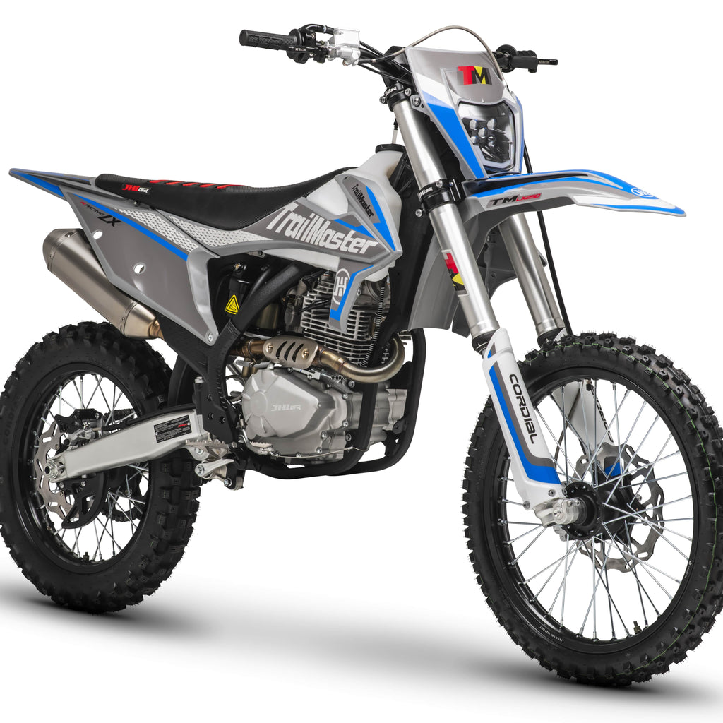 Trailmaster JHL Pro Series LX250 Dirt Bike, 6 Speed Trans,249.9cc 4 stroke, 21" front tire, 37 inch non slip seat, Inverted 54/60-950mm Adjustable Front Forks, Adjustable Rear Shock, Alloy Hubs