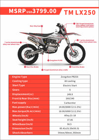 Trailmaster JHL Pro Series LX250 Dirt Bike, 6 Speed Trans,249.9cc 4 stroke, 21" front tire, 37 inch non slip seat, Inverted 54/60-950mm Adjustable Front Forks, Adjustable Rear Shock, Alloy Hubs