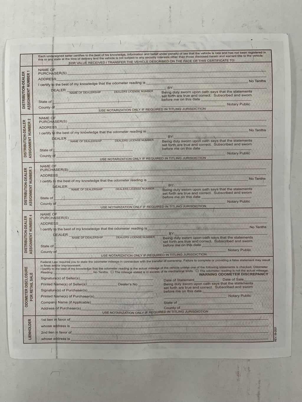 Dealer Endorsed MCO/Title Document (Please enter order number on Notes)