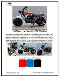 Trailmaster Mini Bike Hurricane 200 Pro, Electric start, front and rear brakes, 196cc, Head Light, 28.4 inch seat  height