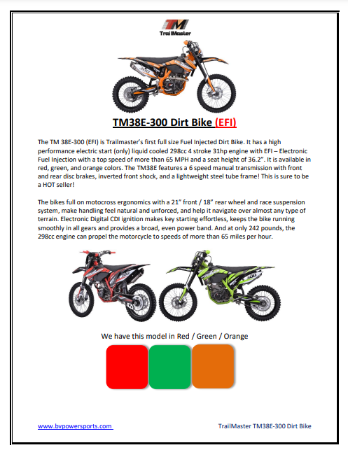 TrailMaster TM38E 300cc (298cc) Dirt Bike - 31HP Engine