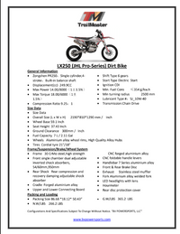 Trailmaster JHL Pro Series LX250 Dirt Bike, 6 Speed Trans,249.9cc 4 stroke, 21" front tire, 37 inch non slip seat, Inverted 54/60-950mm Adjustable Front Forks, Adjustable Rear Shock, Alloy Hubs