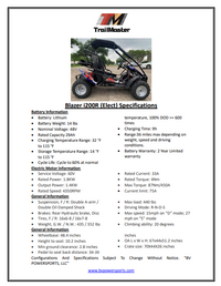 Trailmaster Blazer i200R, All Electric, 48 Volt max, Lithium Battery Pack , Up to 36 Mile range, 3 forward speeds