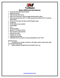 Trailmaster Blazer i200R, All Electric, 48 Volt max, Lithium Battery Pack , Up to 36 Mile range, 3 forward speeds