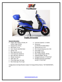 Trailmaster NEW Trophy 50, Scooter/Moped, Automatic, Electric Start, Color Matched Locking Trunk, (Opitonal) . 12 inch rims