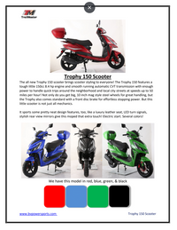 Trailmaster Trophy 150cc, Electric start, Disk Brakes, CDI ignition, Color Matched Locking Trunk (Optional)