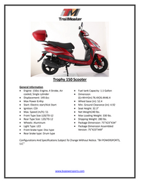 Trailmaster Trophy 150cc, Electric start, Disk Brakes, CDI ignition, Color Matched Locking Trunk (Optional)