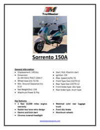 Trailmaster Sorrento 150cc Great Euro Style scooter, Free Removeable Storage Trunk, Chrome Accents, Two Tone dual stage paint