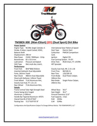 TrailMaster TM38EX 300cc (298cc) Dirt Bike - 31HP Engine, EFI, 6-Speed, Dual Sport Style, LED Lights, Digital Gauges, Suitable for Adult Riders