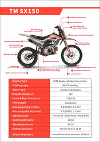 Trailmaster JHL SX150, Dirt Bike, 140cc, Electric Start,  Manual Trans, 32.70 inch seat height, Electric Start, 140cc, Air Cooled, Inverted Forks, Dual Vented disc Brakes, 19 inch Front Tire