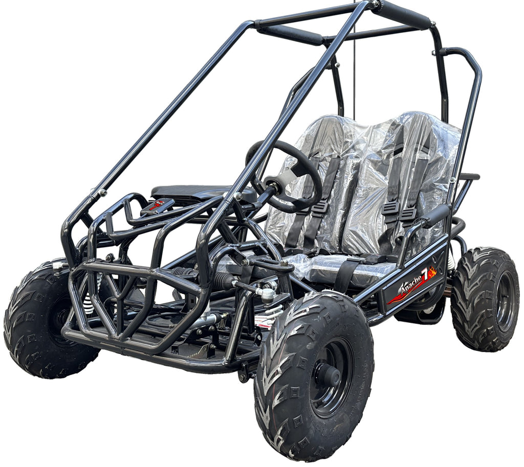 TrailMaster Apache 7, 212cc Youth Go-Kart, 4-Stroke, Air Cooled, CVT Automatic, Torque Converter, Pull Start, Hydraulic Disc Brake, Double A-Arm Suspension, 5-Point Safety Harness, Full Roll Cage, Individual Sport Seats