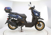 Vitacci Tank Pro X200 (carb).  13 inch rims, Blue Tooth, USB Charger, Electric Start, Locking Trunk, 13 inch rims, Dual Sport Tires, Flat deck Style floor, 31.5 Inch seat Height, Dual Disc Brakes