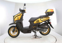 Vitacci Tank Pro X200 (carb).  13 inch rims, Blue Tooth, USB Charger, Electric Start, Locking Trunk, 13 inch rims, Dual Sport Tires, Flat deck Style floor, 31.5 Inch seat Height, Dual Disc Brakes
