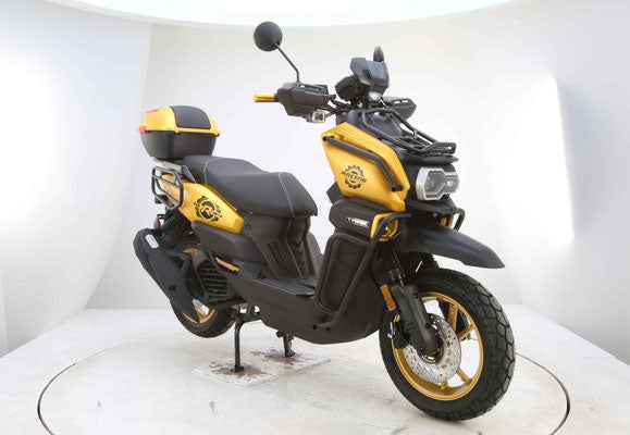 Vitacci Tank Pro X200 (carb).  13 inch rims, Blue Tooth, USB Charger, Electric Start, Locking Trunk, 13 inch rims, Dual Sport Tires, Flat deck Style floor, 31.5 Inch seat Height, Dual Disc Brakes