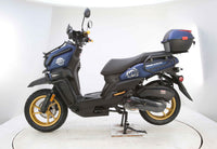 Vitacci Tank Pro X200 (carb).  13 inch rims, Blue Tooth, USB Charger, Electric Start, Locking Trunk, 13 inch rims, Dual Sport Tires, Flat deck Style floor, 31.5 Inch seat Height, Dual Disc Brakes