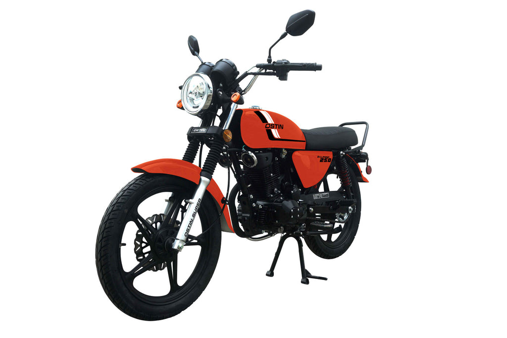 Vitacci Ostin 250, 229cc, Street legal, 4-Stroke, Air Cooled, Manual Transmission, Electric & Kick Start, Front Disc Rear Drum Brakes, Custom 18" Spoked Wheels, Dual Rear Shocks, 30.7" Seat Height