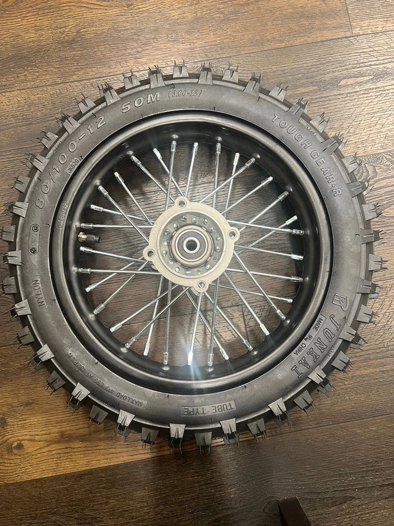 Rear wheel ASSY, Tire 80*100-12, Rim 1.85x12. Without brake disc and sprocket.