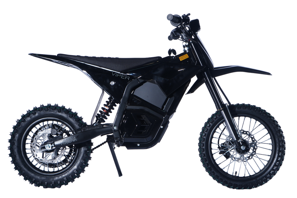Viscena Viper, 48V Electric Dirt Bike, 3000W Peak Power, 21Ah Lithium-Ion Battery, 3 Speed Modes, Hydraulic Disc Brakes, Front and Rear Hydraulic Suspension, Headlight, Horn, 420 Chain, 14" Front 12" Rear Wheels, 28" Seat Height