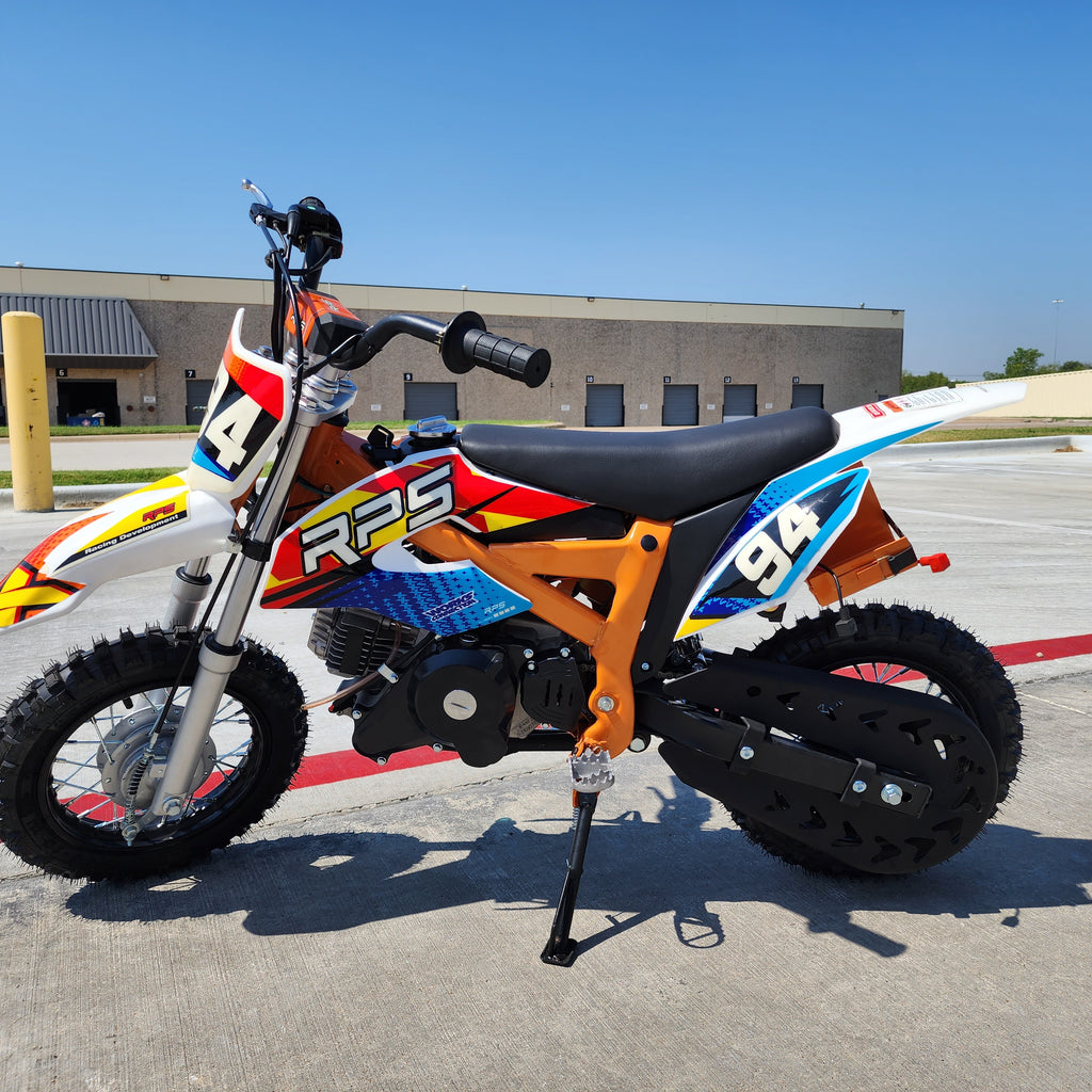RPS DB 60 Kids Dirt Bike, Automatic, 4 stroke gas, 10" front tire, 24-inch seat Height.