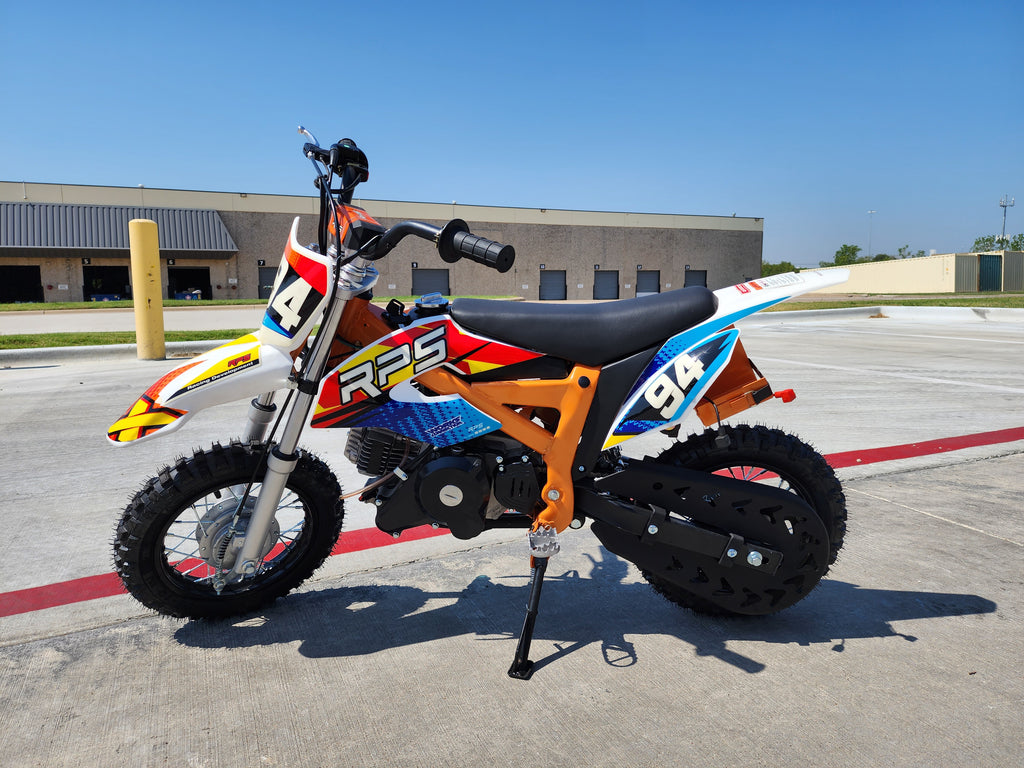 RPS DB 60 Kids Dirt Bike, Automatic, 4 stroke gas, 10" front tire, 24-inch seat Height.