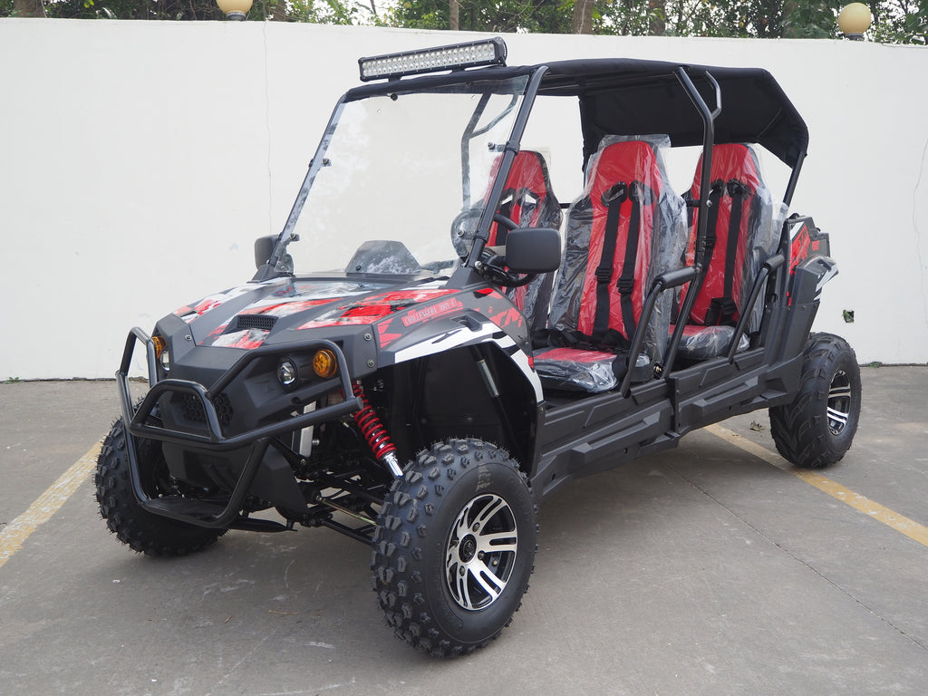 TrailMaster Challenger 4-300X EFI UTV Chrome Rims, Bimini Top, Full roll Cage, Light Bar, Brush Guard. Independent Rear