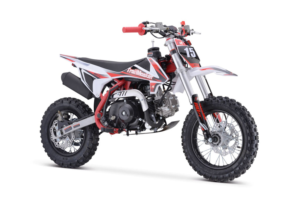 Trailmaster TM15 Dirt Bike 107cc Semi-Automatic 4 speed, 12 inch front tire, Electric Start, 24.21 inches seat height, Disk Brakes, Twin Spar Frame