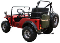 Deluxe Upgraded Mini-Jeep GO KART- Series 2 Dual Roll Bars, Over the shoulder Harness, 3 Speed Semi Automatic, Spare Tire, Mock Gas Can included-OFF ROAD ONLY, NOT STREET LEGAL