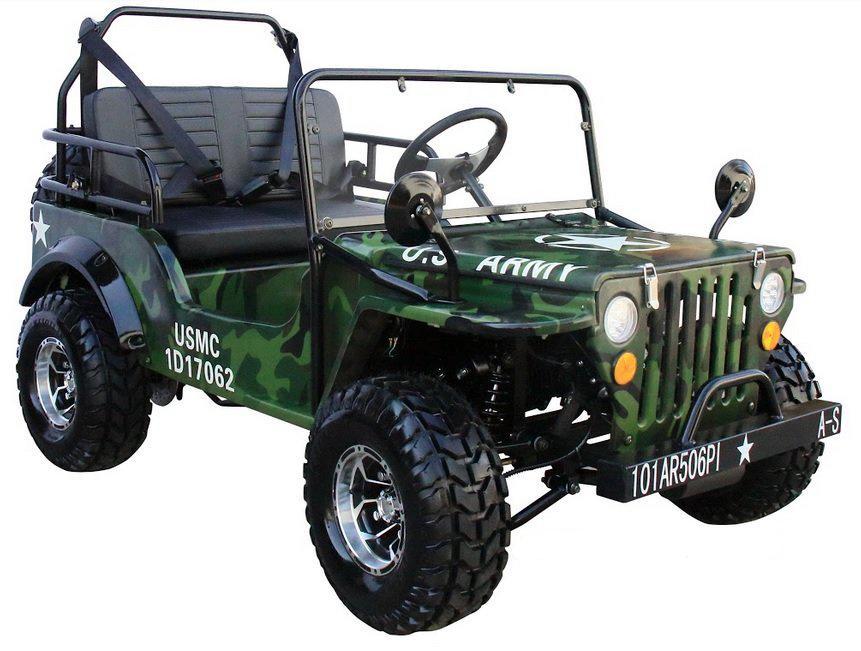 Deluxe Upgraded Mini-Jeep GO KART- Series 2 Dual Roll Bars, Over the shoulder Harness, 3 Speed Semi Automatic, Spare Tire, Mock Gas Can included-OFF ROAD ONLY, NOT STREET LEGAL